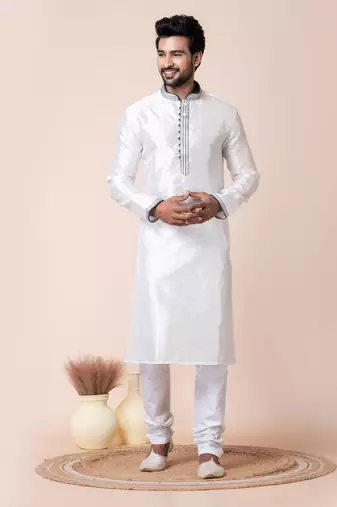 White silk men's kurta pajama set