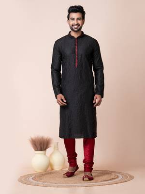 Black mix cotton men's kurta pajama set 1