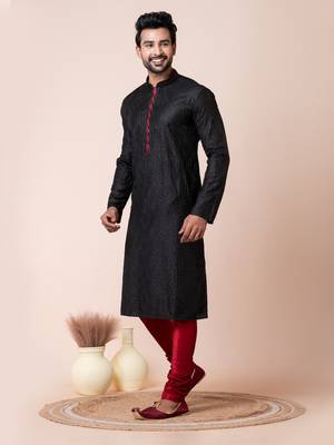 Black mix cotton men's kurta pajama set 2