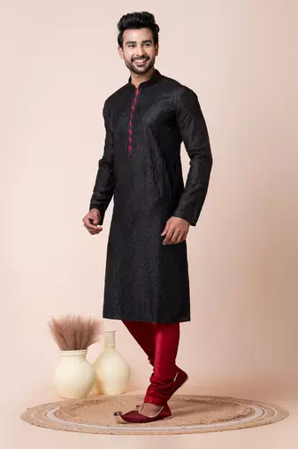Black mix cotton men's kurta pajama set