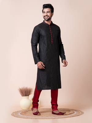 Black mix cotton men's kurta pajama set 3