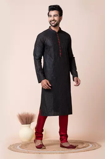 Black mix cotton men's kurta pajama set