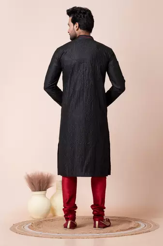 Black mix cotton men's kurta pajama set