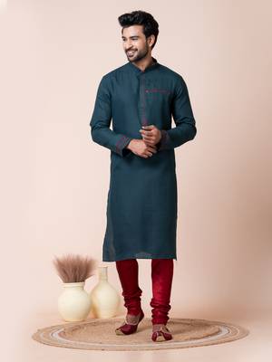 Teal green cotton men's kurta pajama  set 1