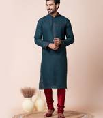 Teal green cotton men's kurta pajama  set