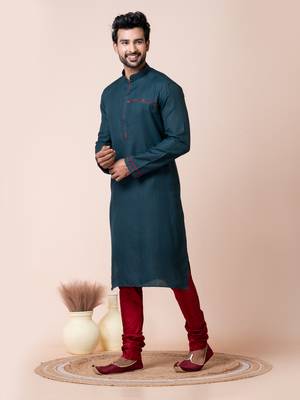 Teal green cotton men's kurta pajama  set 2