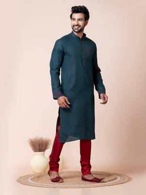 Teal green cotton men's kurta pajama  set 3