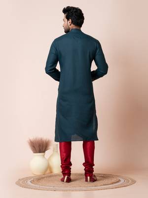Teal green cotton men's kurta pajama  set 4
