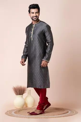 Grey mulberry buttuy men's kurta pajama set