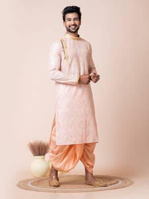 Pink  men's kurta readymade dhoti set 1