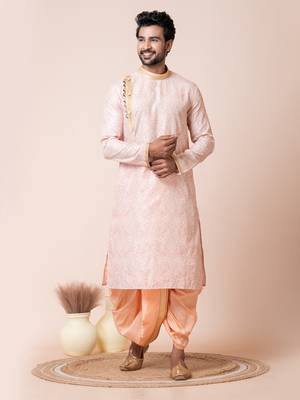 Pink  men's kurta readymade dhoti set 4