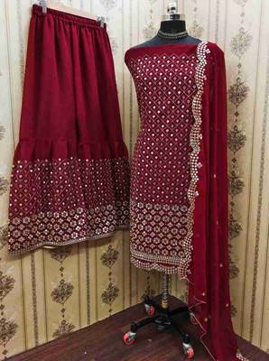 Zeepkart red georgette embroidered unstitched dressmaterials 3 pair top bottom dupptaa 1