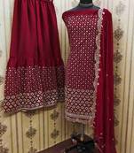 Zeepkart red georgette embroidered unstitched dressmaterials 3 pair top bottom dupptaa
