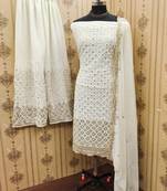 Zeepkart white georgette embroidered unstitched dressmaterials 3 pair top bottom dupptaa