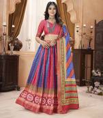 Blue and Pink  Printed Semi Stitched Lehenga with Dupatta