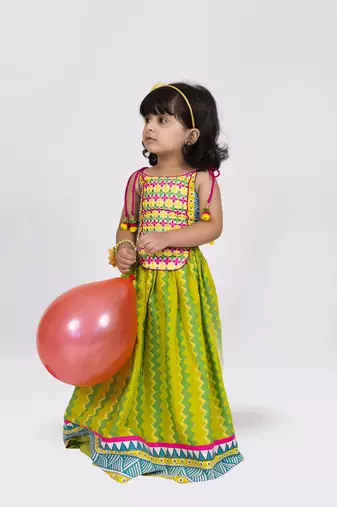 Twisha sleeveless embroidered top with ghagra set - lime green & white