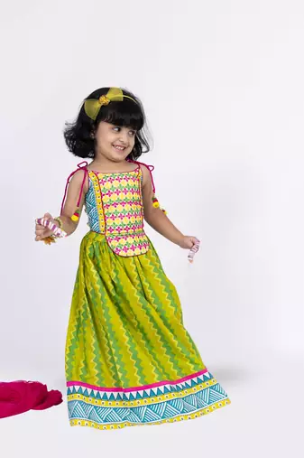 Twisha sleeveless embroidered top with ghagra set - lime green & white