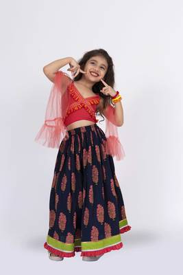 Twisha sleeveless embroidered top with layered ghagra set - maroon & blue 1