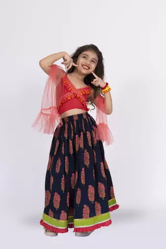 Twisha sleeveless embroidered top with layered ghagra set - maroon & blue
