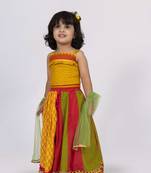 Twisha sleeveless handloom top with ghagra set - mustard & green