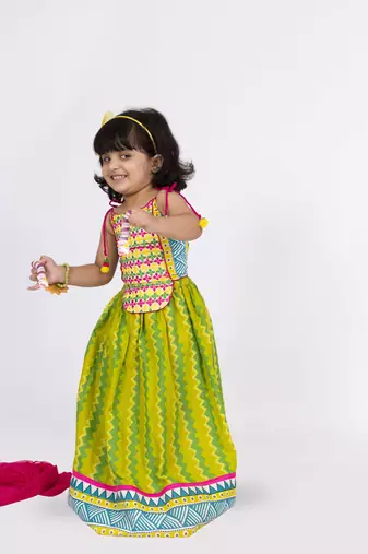 Twisha sleeveless embroidered top with ghagra set - lime green & white