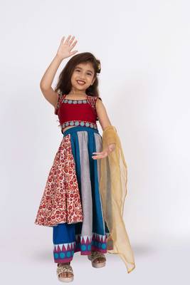 Twisha sleeveless embroidered top with layered ghagra set - maroon & blue 2
