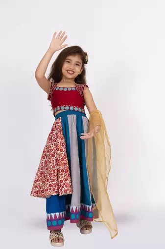 Twisha sleeveless embroidered top with layered ghagra set - maroon & blue