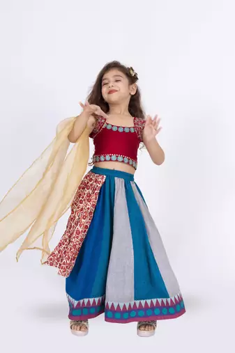 Twisha sleeveless embroidered top with layered ghagra set - maroon & blue
