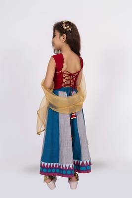 Twisha sleeveless embroidered top with layered ghagra set - maroon & blue 4