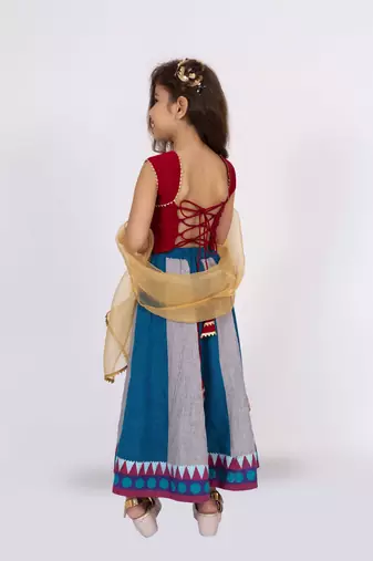 Twisha sleeveless embroidered top with layered ghagra set - maroon & blue