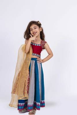 Twisha sleeveless embroidered top with layered ghagra set - maroon & blue 5