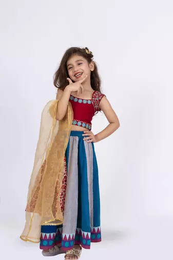 Twisha sleeveless embroidered top with layered ghagra set - maroon & blue