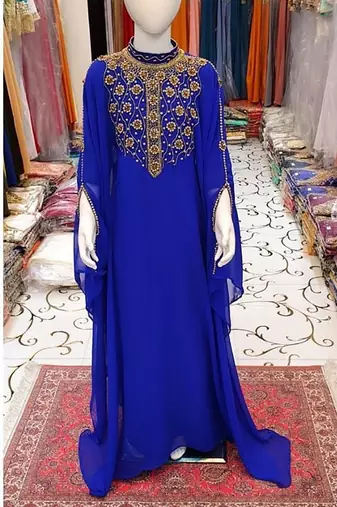 Royal Blue Kids Girls Kaftan Georgette Embroidered Stone work Stitched Dress Party Wear Wedding Dresses