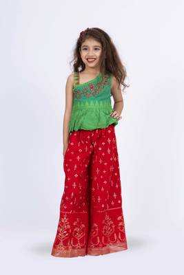 Twisha girls one side shoulder top with palazzo-green & red 1