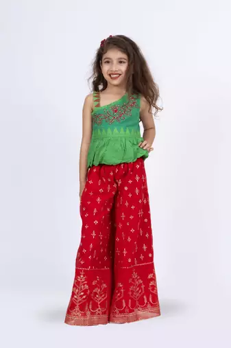 Twisha girls one side shoulder top with palazzo-green & red