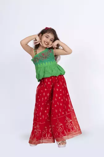 Twisha girls one side shoulder top with palazzo-green & red