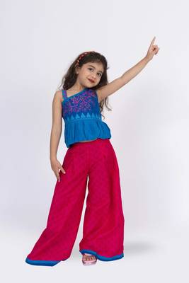 Twisha girls cotton shoulder strap top with palazzo-blue & pink 1