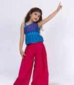 Twisha girls cotton shoulder strap top with palazzo-blue & pink