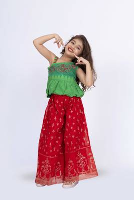 Twisha girls one side shoulder top with palazzo-green & red 4