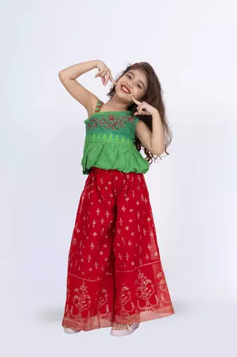 Twisha girls one side shoulder top with palazzo-green & red