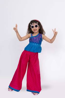 Twisha girls cotton shoulder strap top with palazzo-blue & pink 2