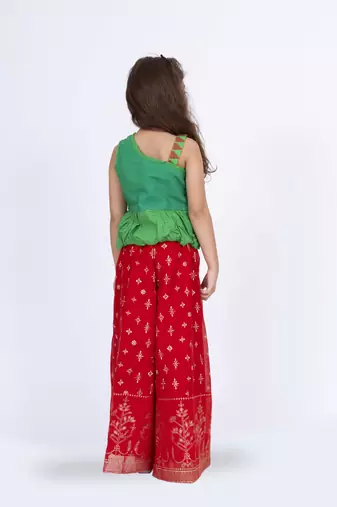 Twisha girls one side shoulder top with palazzo-green & red