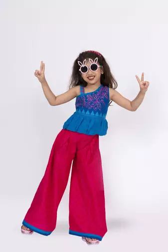 Twisha girls cotton shoulder strap top with palazzo-blue & pink