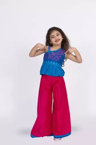 Twisha girls cotton shoulder strap top with palazzo-blue & pink
