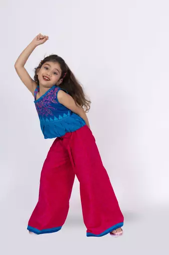 Twisha girls cotton shoulder strap top with palazzo-blue & pink