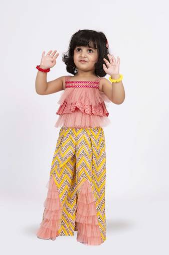 Twisha sleeveless frill top with palazzo set - coral & yellow