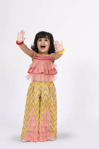 Twisha sleeveless frill top with palazzo set - coral & yellow