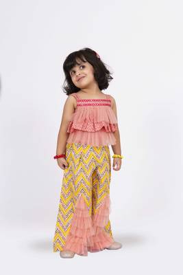 Twisha sleeveless frill top with palazzo set - coral & yellow 3