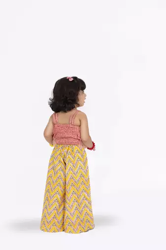 Twisha sleeveless frill top with palazzo set - coral & yellow