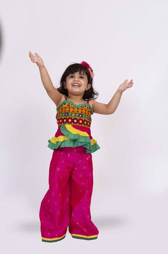 Twisha strappy mirrrorwork frilled top with palazzo set - pink & yellow